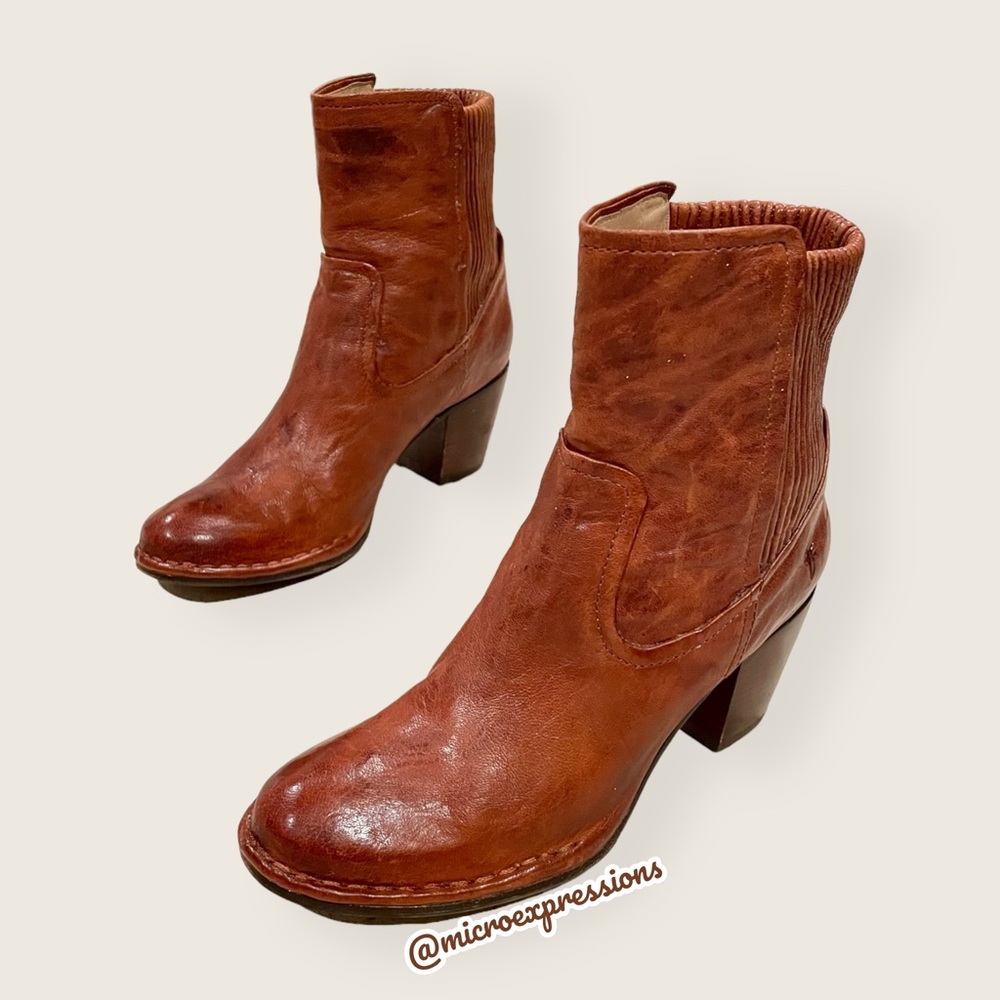 Frye Lucinda Scrunch Real Cognac Brown Leather Stretchy Heeled Short Ankle Boot - Picture 8 of 15